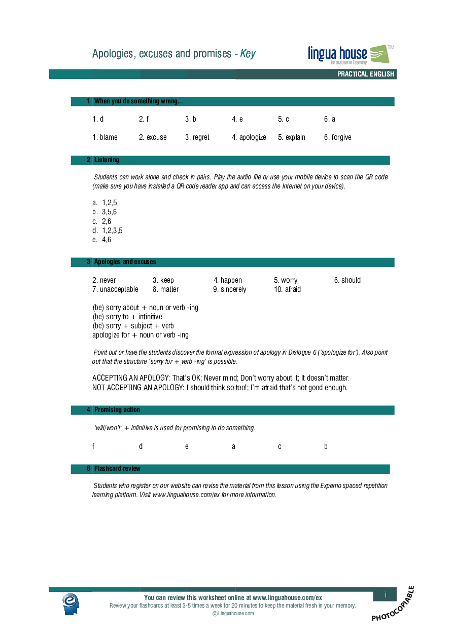 Apologies, Excuses And Promises: Worksheet Preview - Linguahouse.com