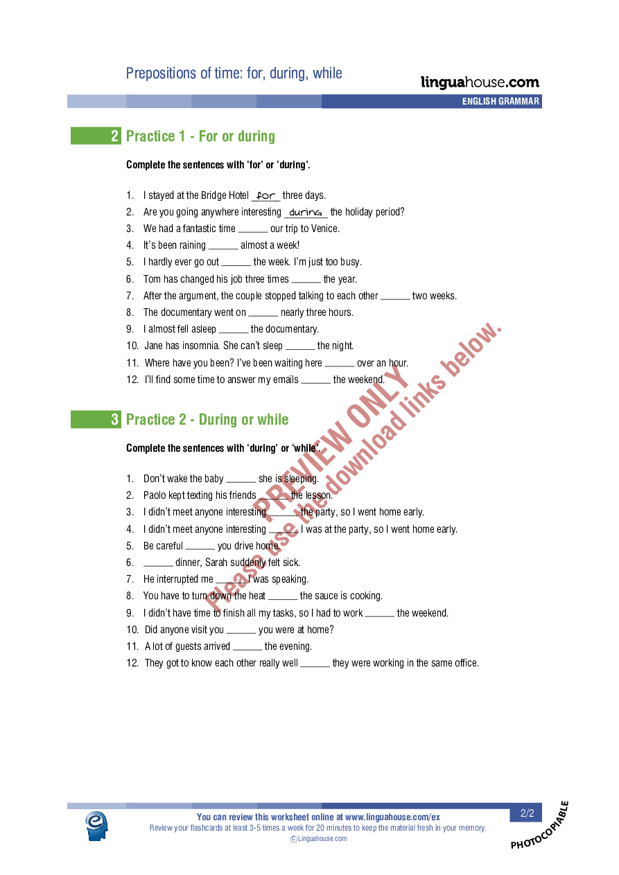 Prepositions of time - for, during, while: Worksheet Preview ...