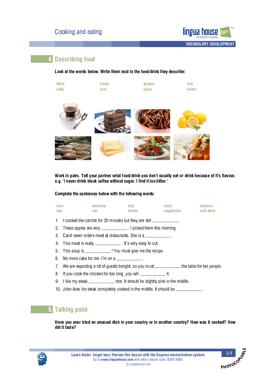 Cooking and eating: Worksheet Preview - Linguahouse.com