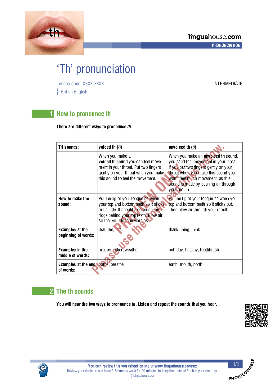 Th pronunciation: Worksheet Preview - Linguahouse.com