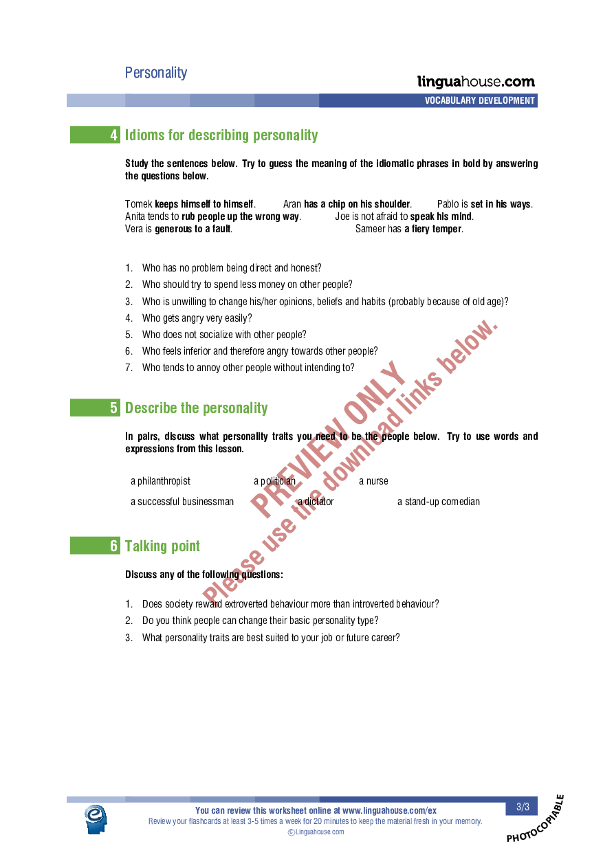 Personality: Worksheet Preview - Linguahouse.com