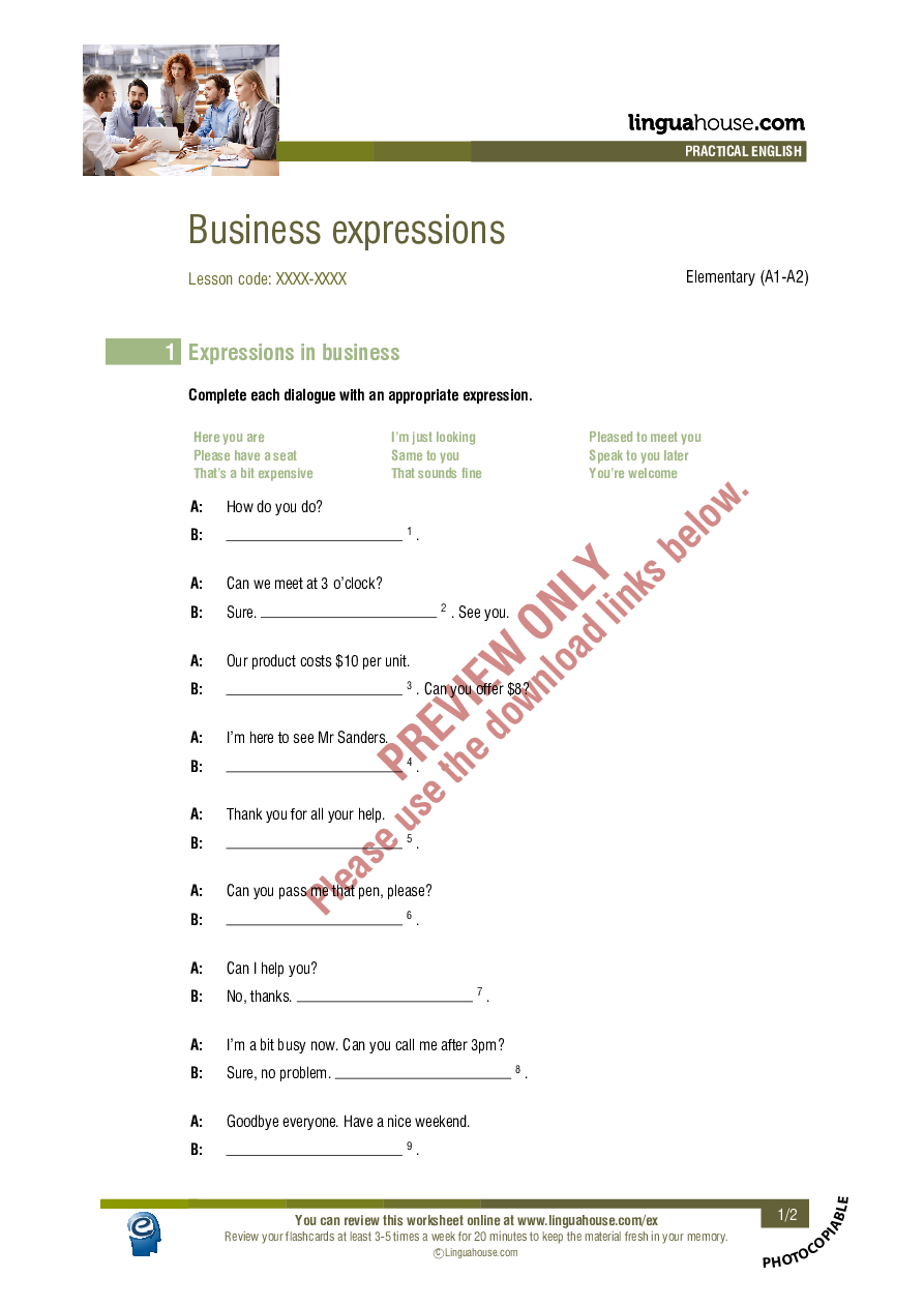 Business Expressions: Worksheet Preview - Linguahouse.com