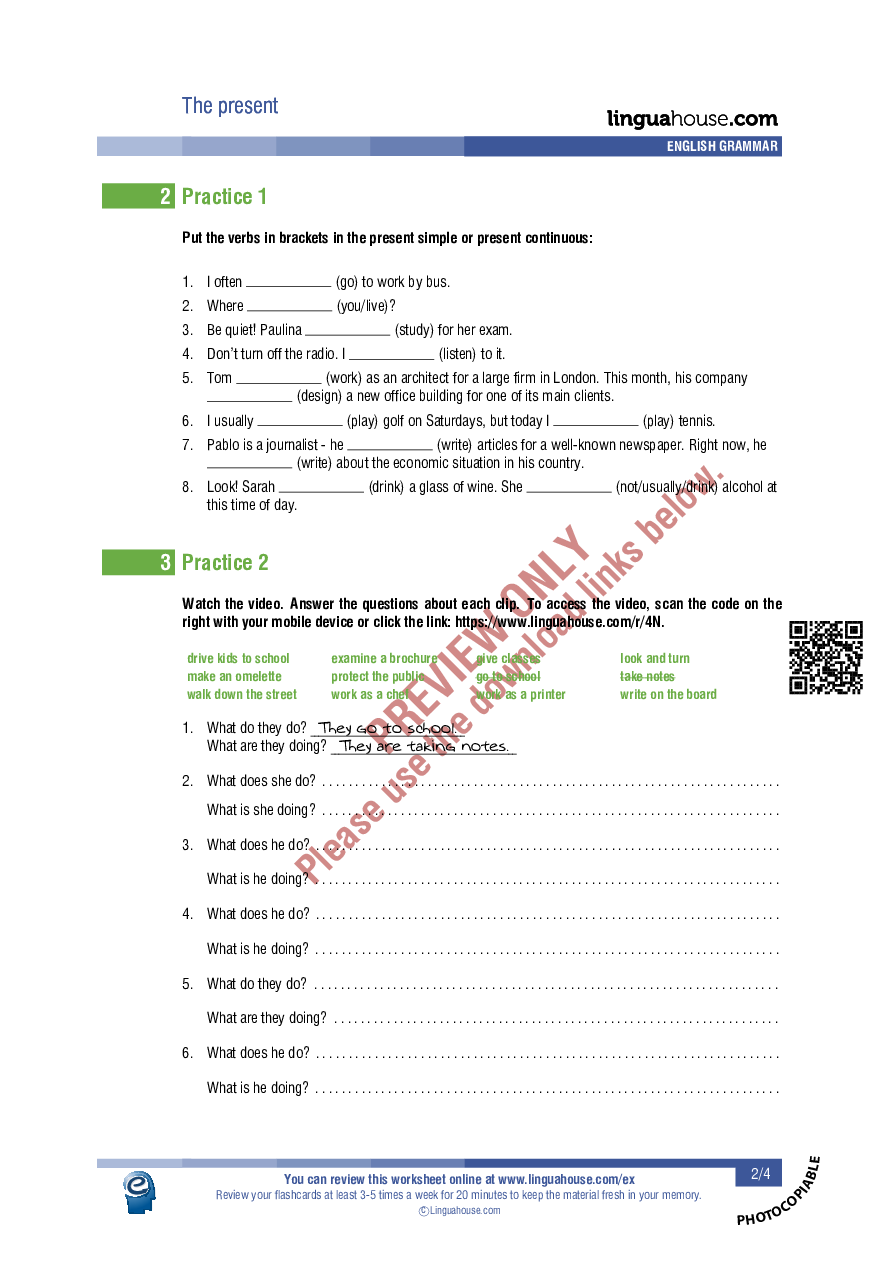 Present simple vs. present continuous: Worksheet Preview - Linguahouse.com