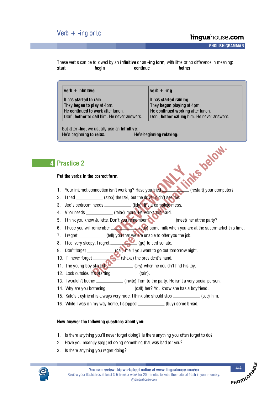 Verb + -ing or to: Worksheet Preview - Linguahouse.com