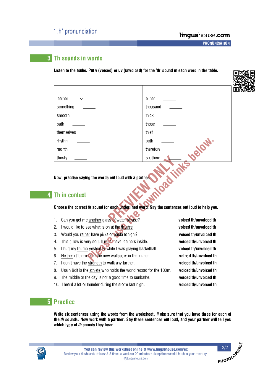 Th pronunciation: Worksheet Preview - Linguahouse.com