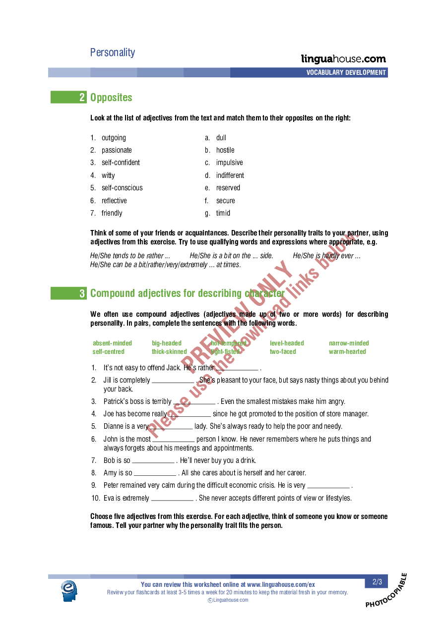 Personality: Worksheet Preview - Linguahouse.com