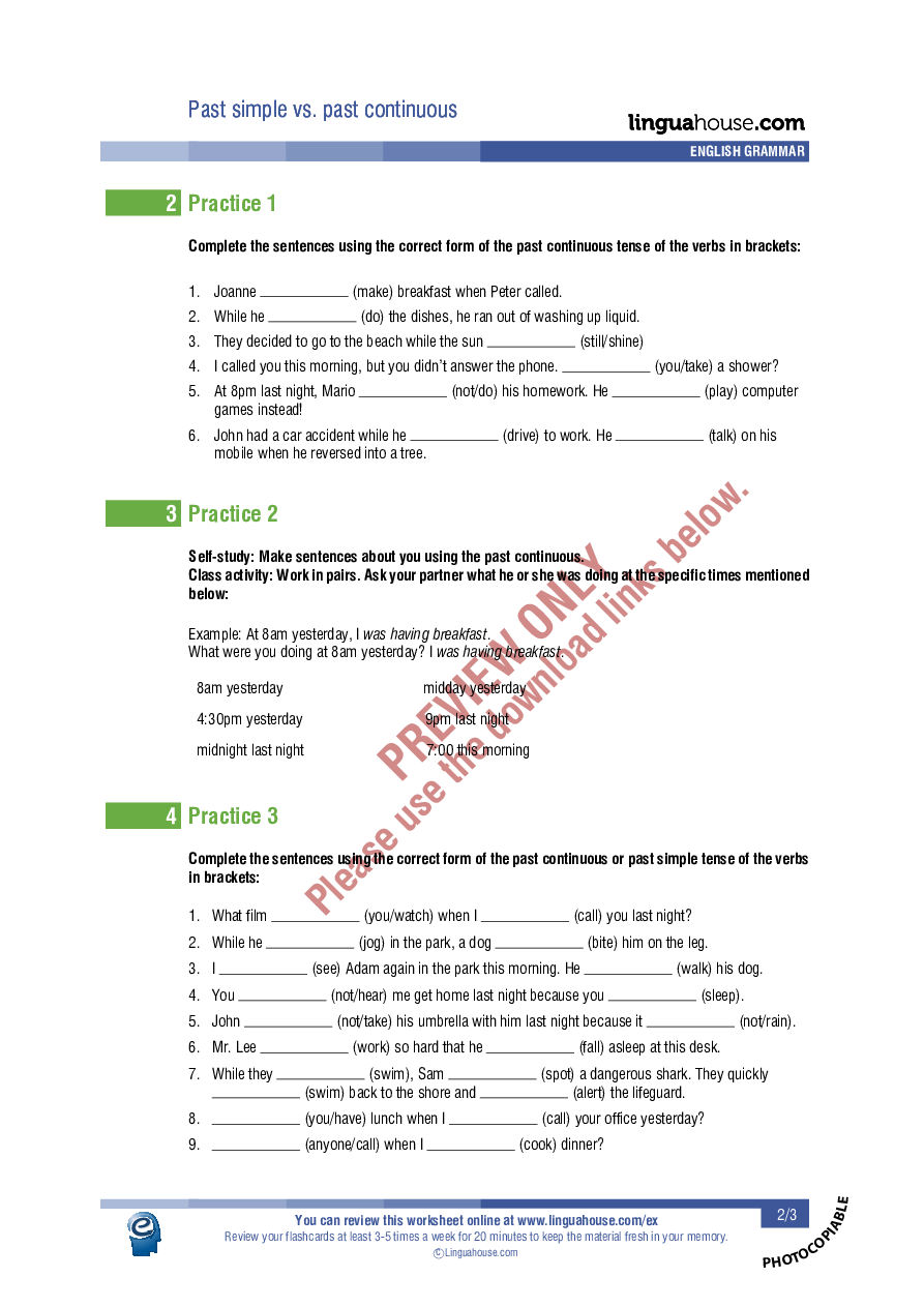 Past simple vs. past continuous: Worksheet Preview - Linguahouse.com