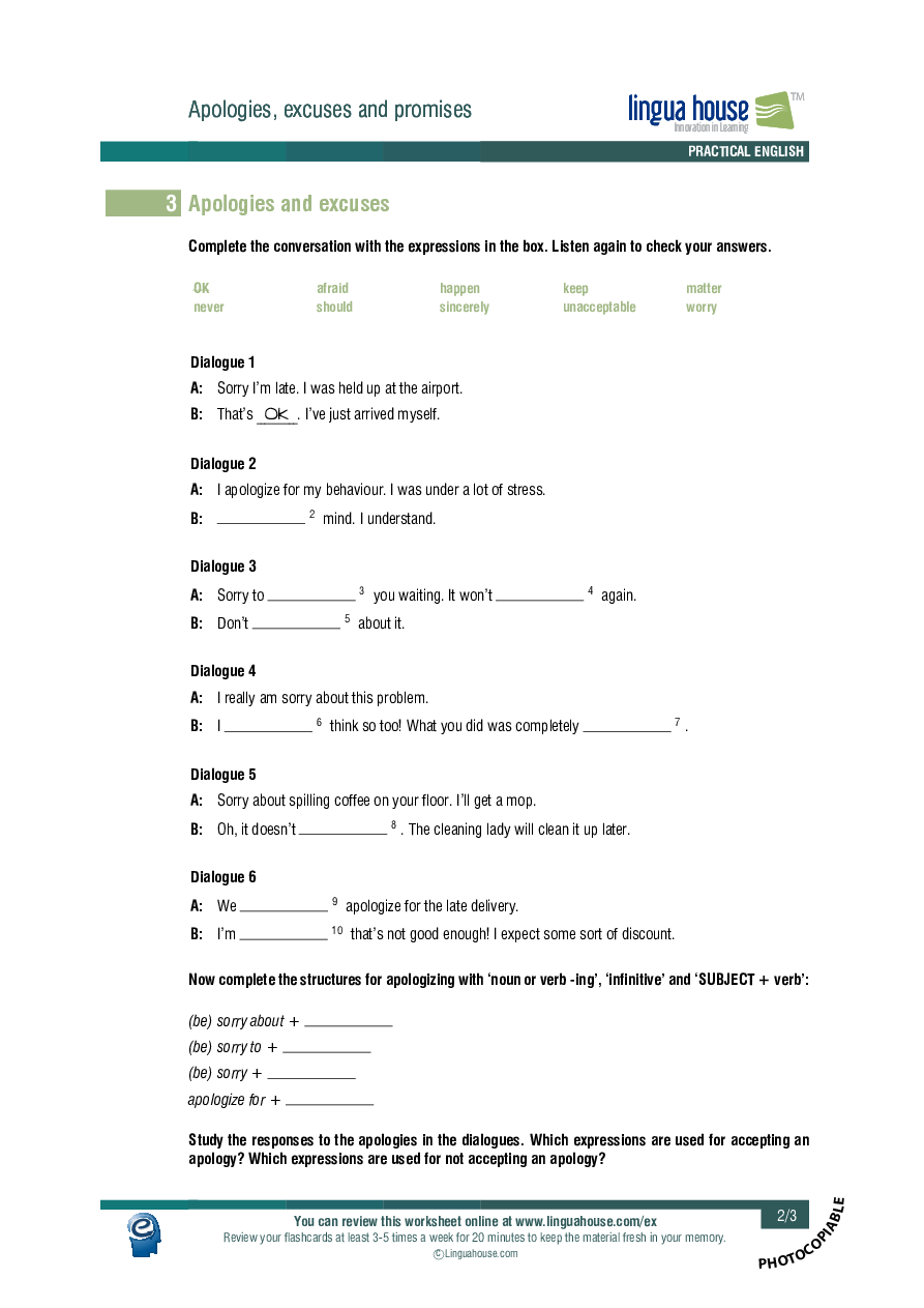 Apologies, Excuses And Promises: Worksheet Preview - Linguahouse.com