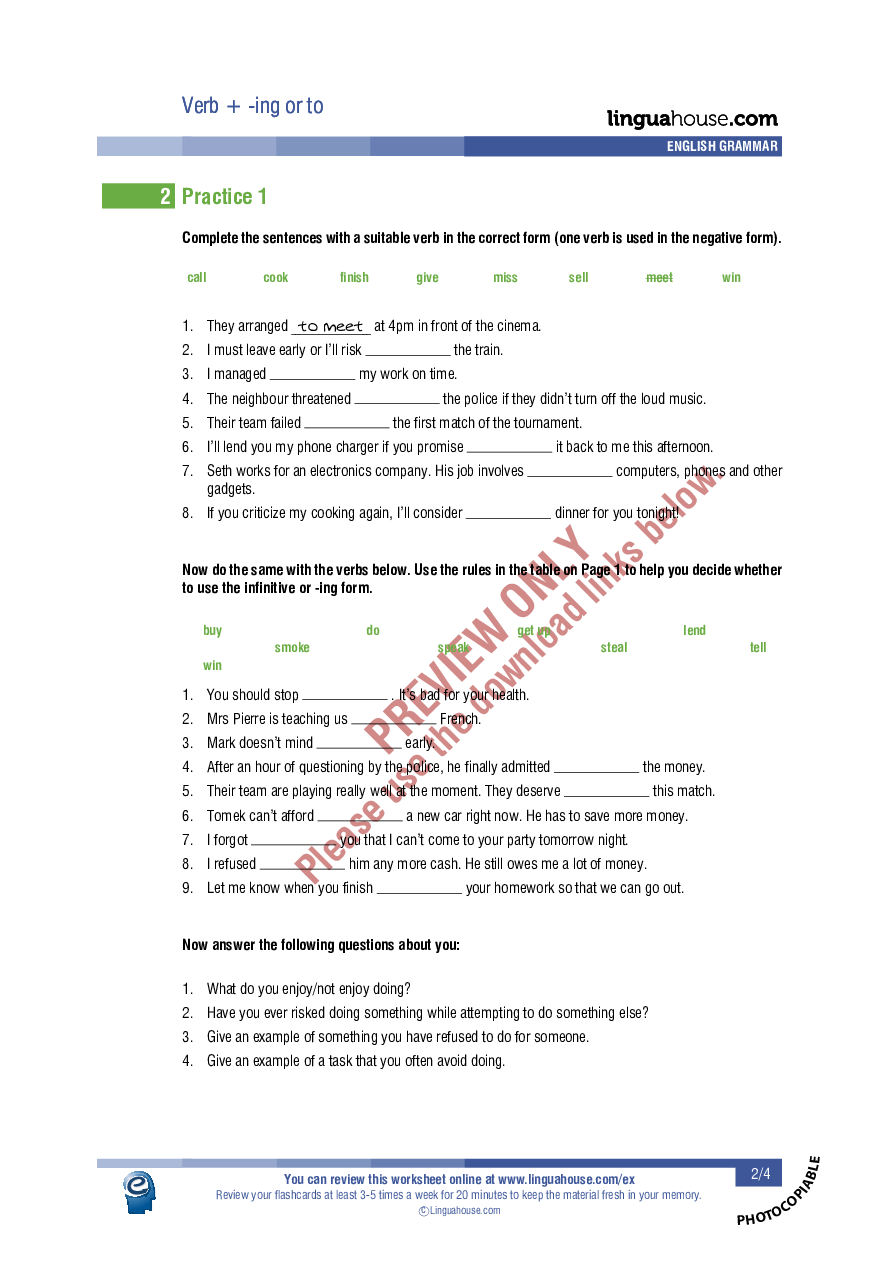 Verb + -ing Or To: Worksheet Preview - Linguahouse.com