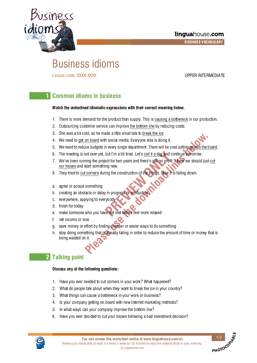 Business Idioms: Worksheet Preview - Linguahouse.com