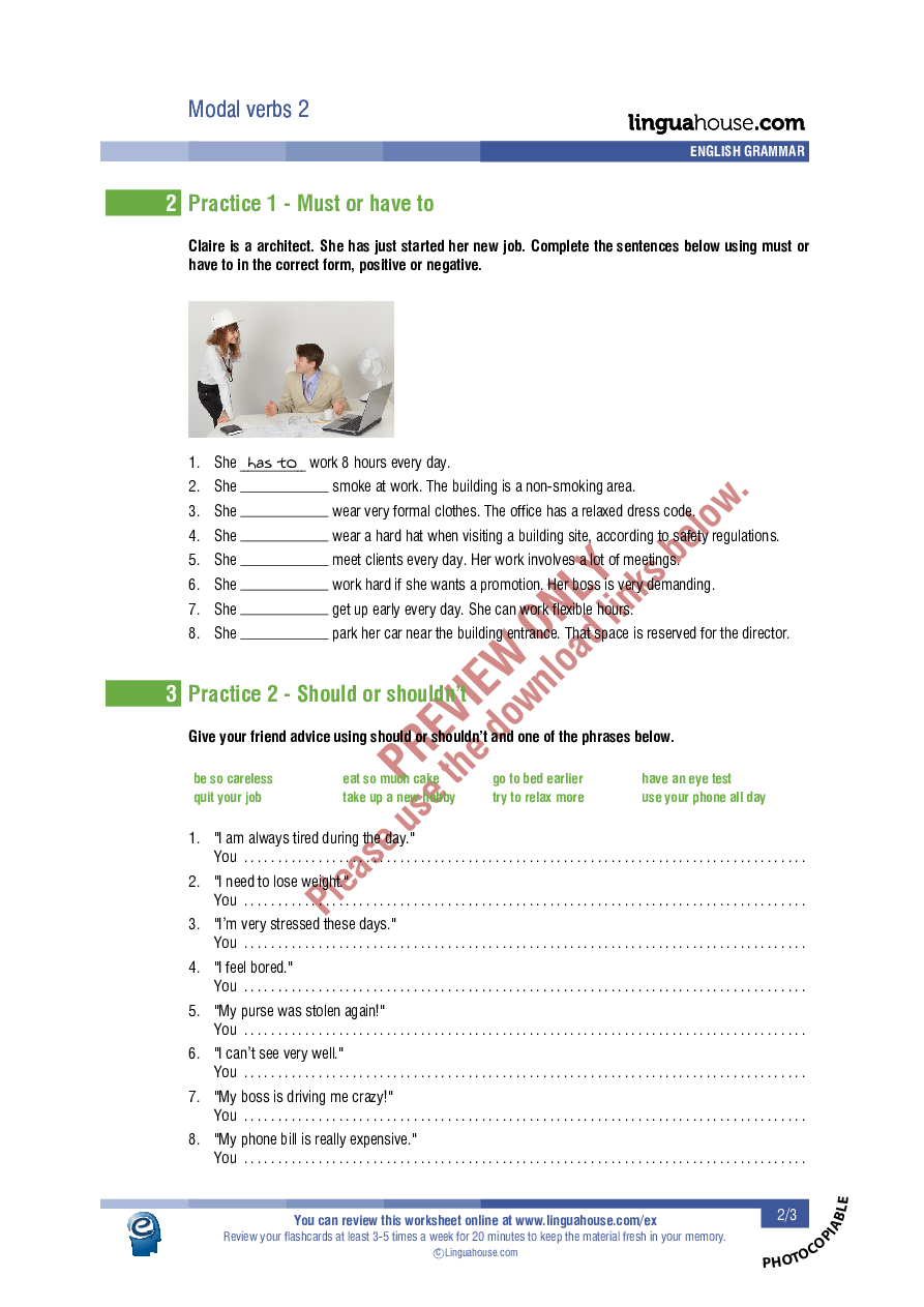  Modal  verbs  2 Necessity and advice Worksheet Preview 