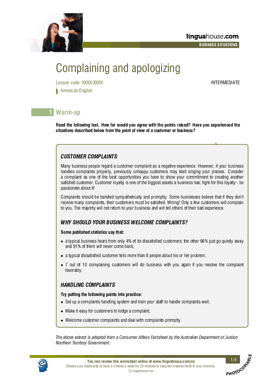 Complaining And Apologizing - American English - Intermediate (B1-B2 ...